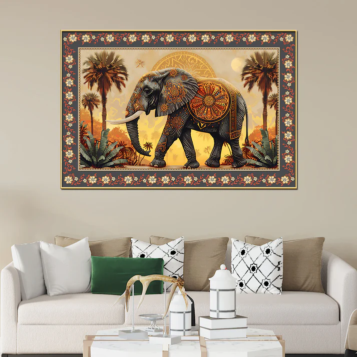 Mandala Design Elephant in Sunset Floral Border Canvas Wall Painting - Image 3