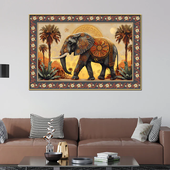Mandala Design Elephant in Sunset Floral Border Canvas Wall Painting - Image 4