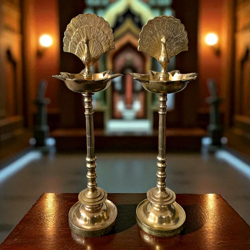 Antique Brass Peacock Shape Samay | Traditional Deepam Pair - Image 3