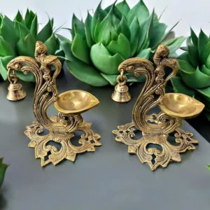 Antique Brass Bell Diya Pair | Pital Traditional Deepak Set