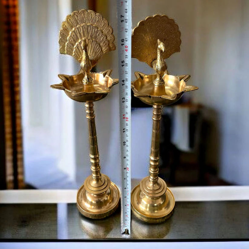 Antique Brass Peacock Shape Samay | Traditional Deepam Pair - Image 2