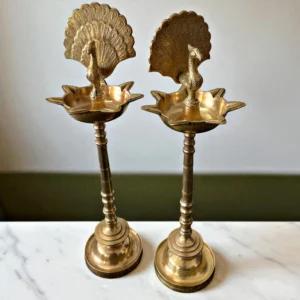 Antique Brass Peacock Shape Samay | Traditional Deepam Pair
