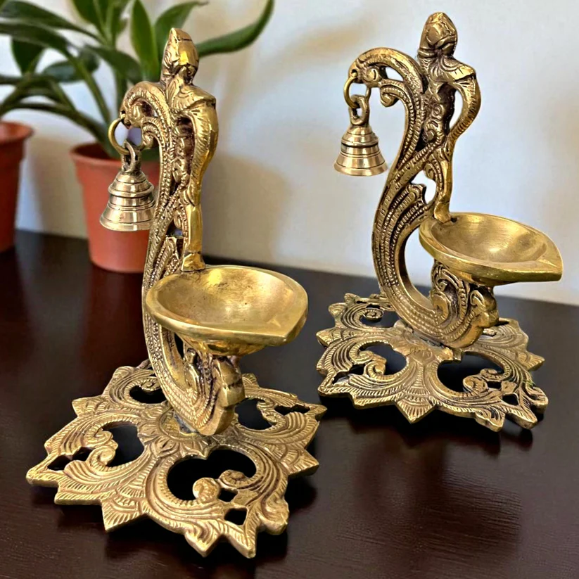 Antique Brass Peacock Lamandiva | Pital Hanging Oil Diya with Chain - Image 3